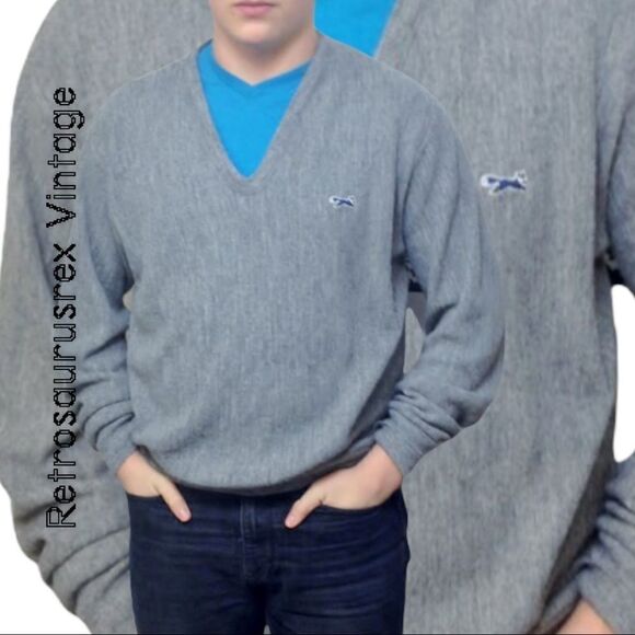 VINTAGE 1960's grey fox collection hipster pullover V neck sweater, size XL - Picture 2 of 6